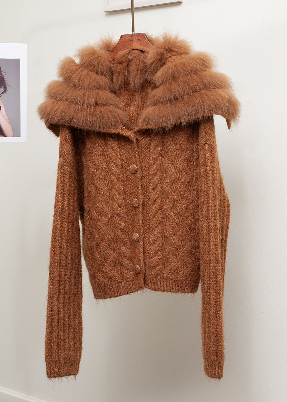 Loose Brown Sailor Collar Fox Collar Patchwork Cable Knit Coat Spring