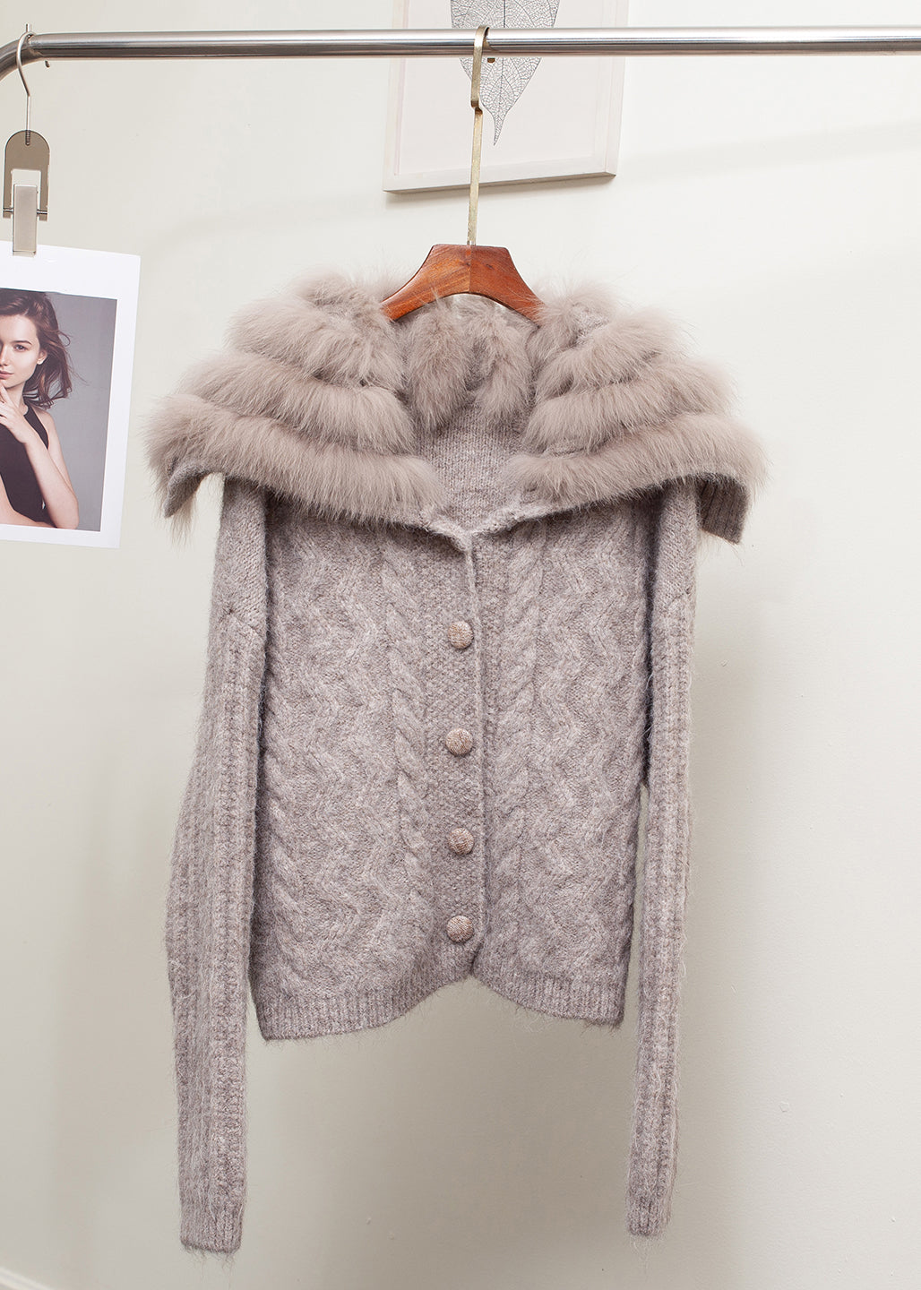 Loose Brown Sailor Collar Fox Collar Patchwork Cable Knit Coat Spring