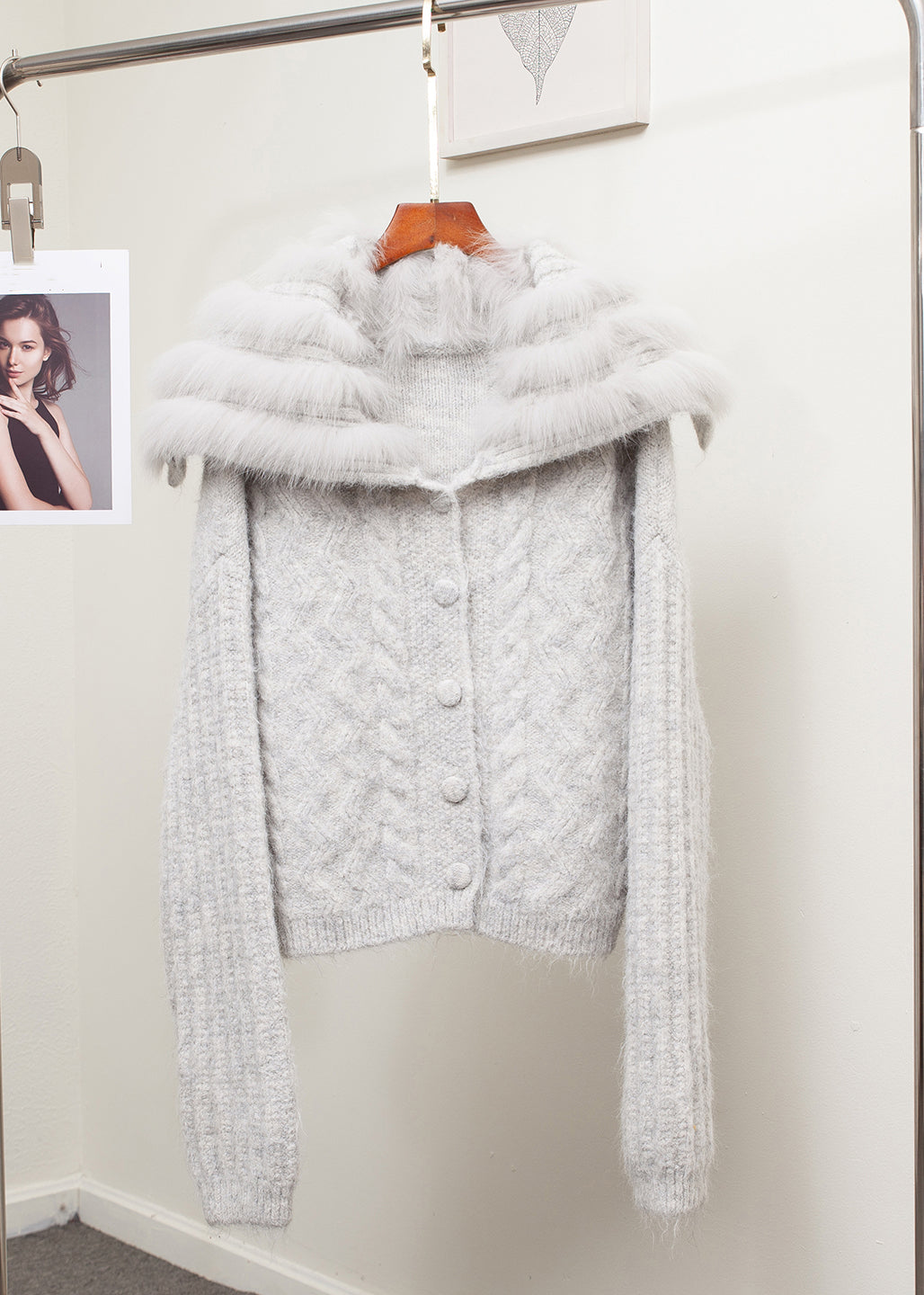 Loose Brown Sailor Collar Fox Collar Patchwork Cable Knit Coat Spring