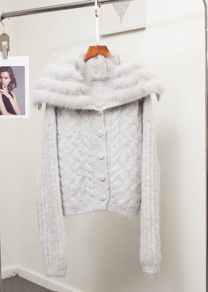 Loose Brown Sailor Collar Fox Collar Patchwork Cable Knit Coat Spring