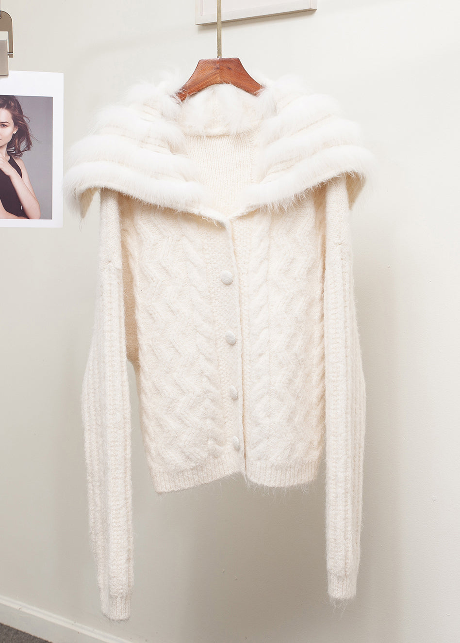 Loose Brown Sailor Collar Fox Collar Patchwork Cable Knit Coat Spring