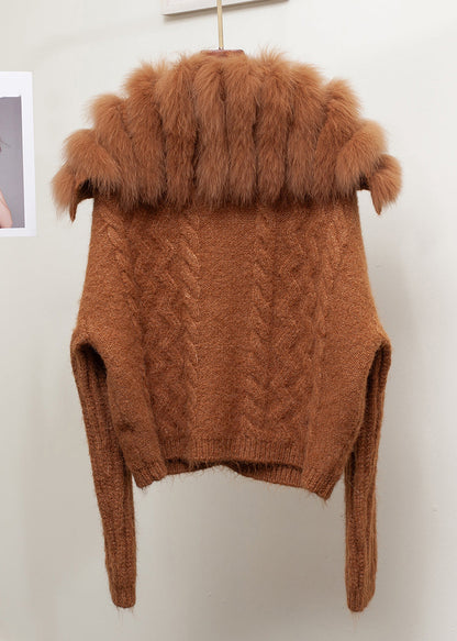 Loose Brown Sailor Collar Fox Collar Patchwork Cable Knit Coat Spring