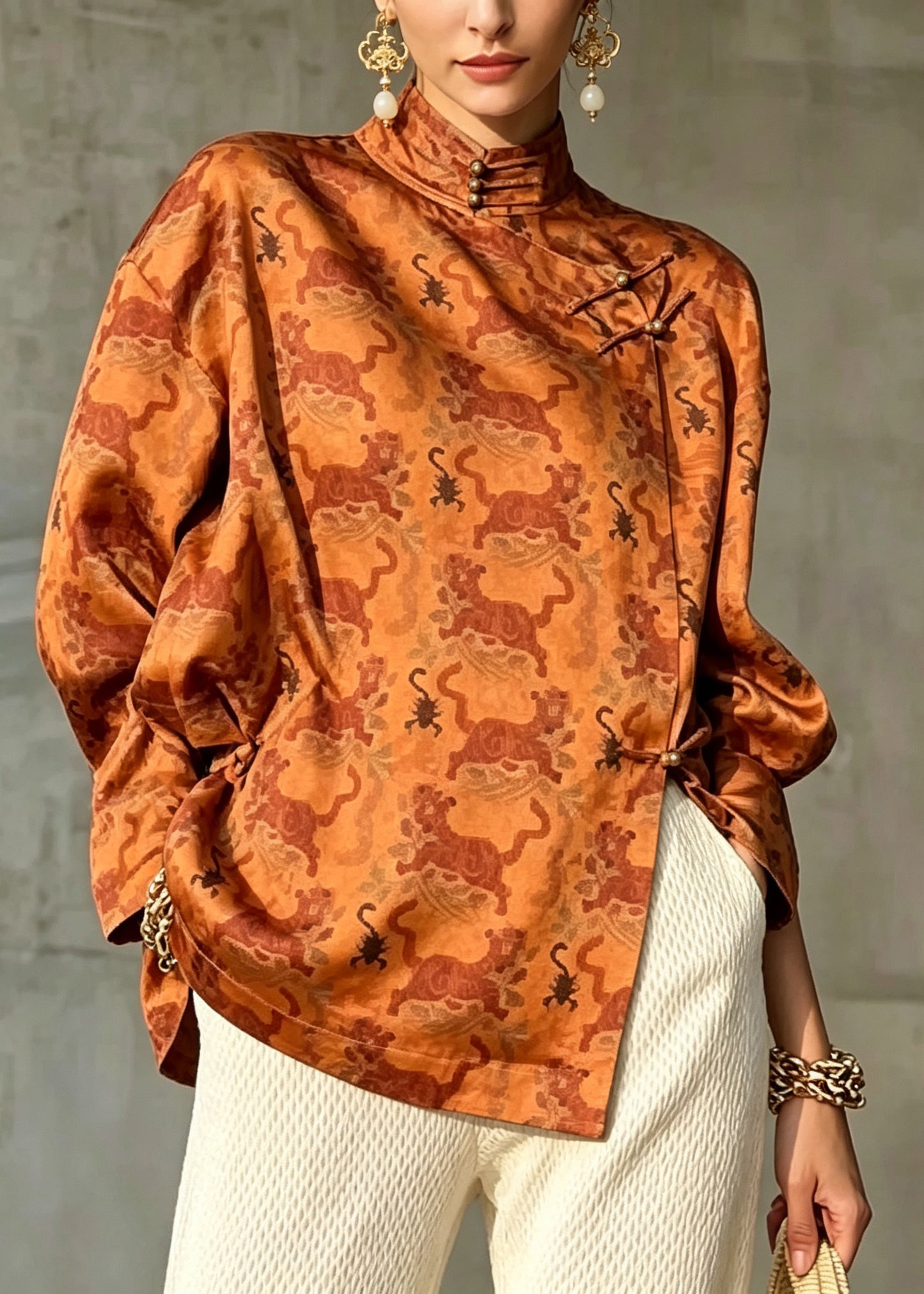 Loose Brown Stand Collar Asymmetrical Print Satin Shirt Fall