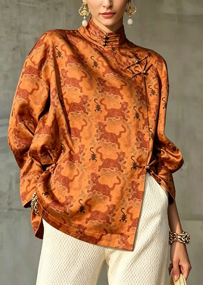 Loose Brown Stand Collar Asymmetrical Print Satin Shirt Fall
