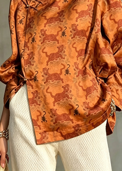 Loose Brown Stand Collar Asymmetrical Print Satin Shirt Fall
