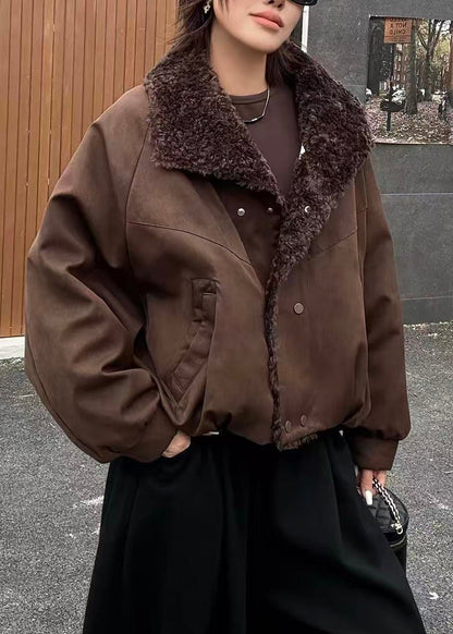 Loose Brown Teddy Faux Fur Turn-Down Collar Pockets Puffer Jacket Winter