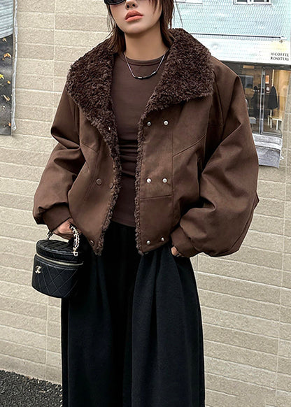 Loose Brown Teddy Faux Fur Turn-Down Collar Pockets Puffer Jacket Winter