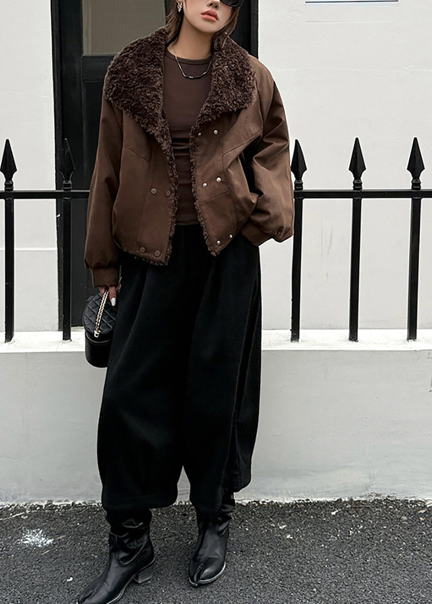 Loose Brown Teddy Faux Fur Turn-Down Collar Pockets Puffer Jacket Winter