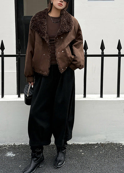 Loose Brown Teddy Faux Fur Turn-Down Collar Pockets Puffer Jacket Winter