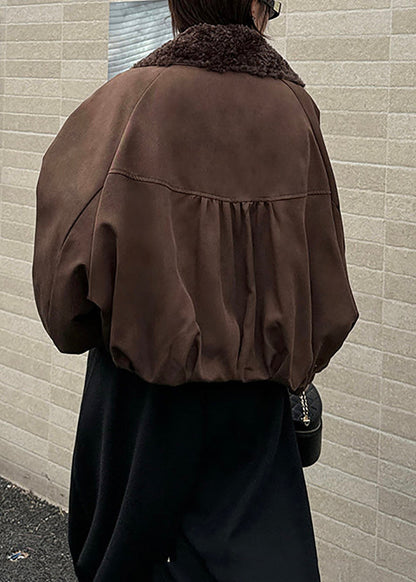 Loose Brown Teddy Faux Fur Turn-Down Collar Pockets Puffer Jacket Winter