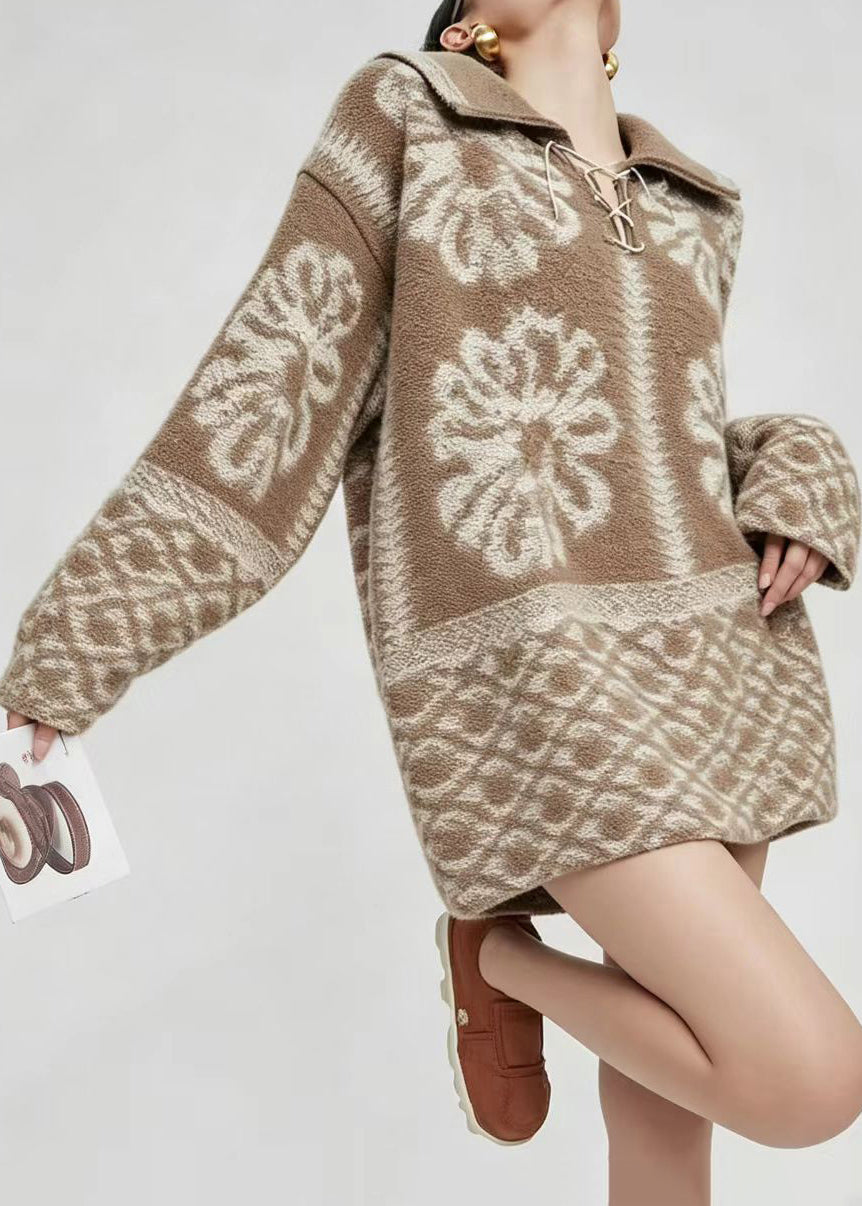 Loose Brown Turn-Down Collar Lace Up Jacquard Sweater Tops Winter