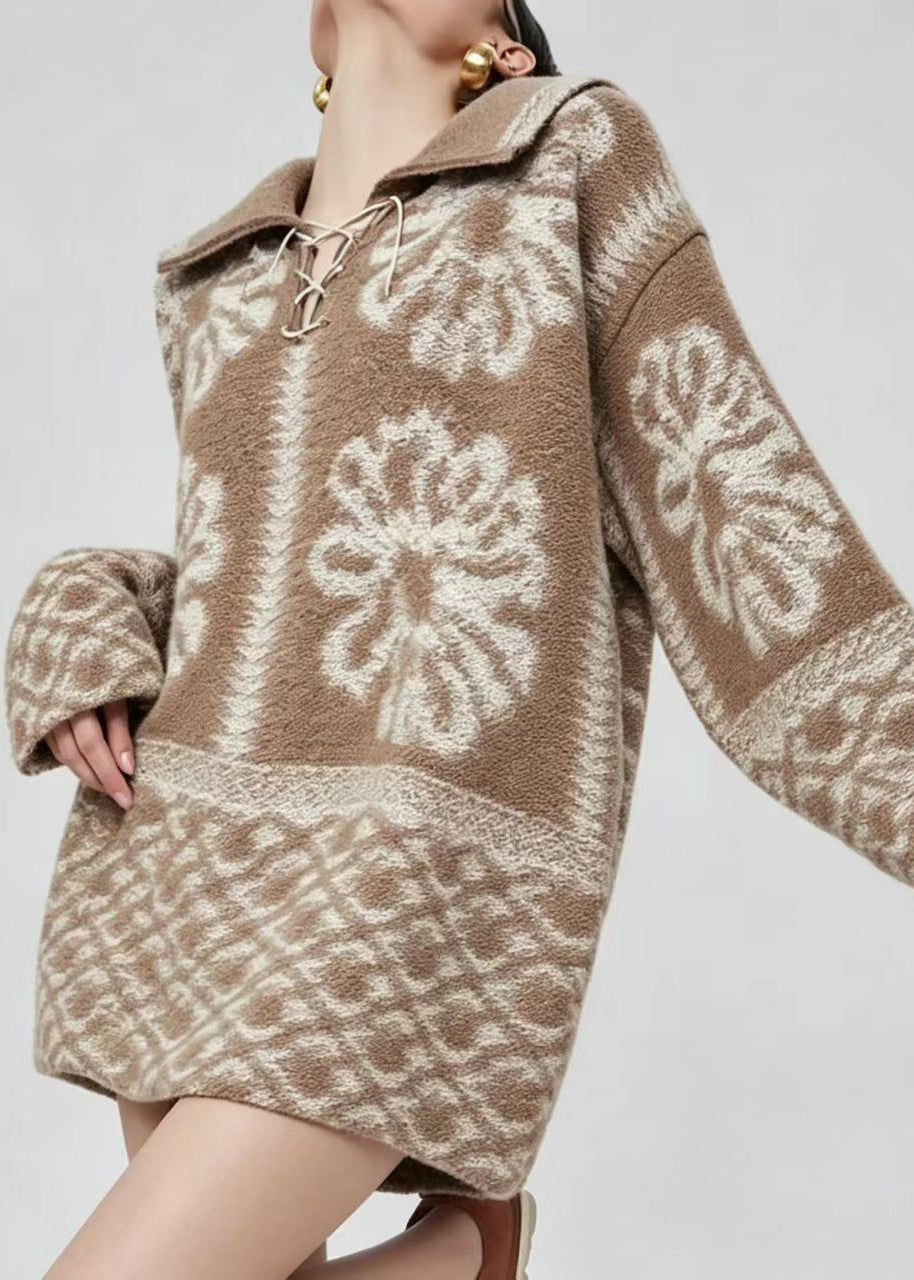 Loose Brown Turn-Down Collar Lace Up Jacquard Sweater Tops Winter