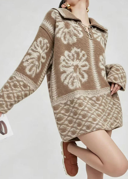 Loose Brown Turn-Down Collar Lace Up Jacquard Sweater Tops Winter