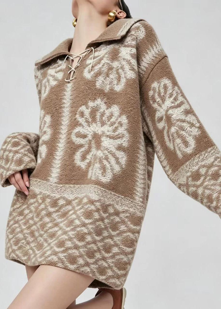 Loose Brown Turn-Down Collar Lace Up Jacquard Sweater Tops Winter