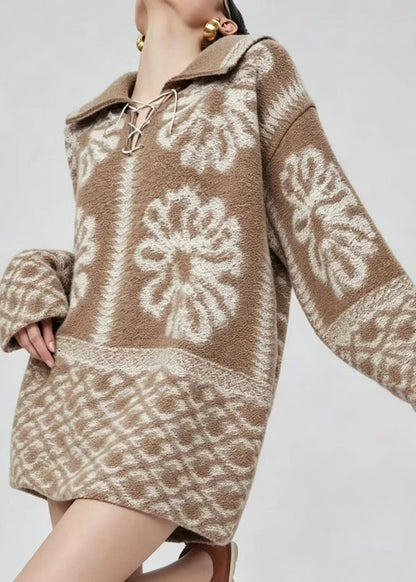 Loose Brown Turn-Down Collar Lace Up Jacquard Sweater Tops Winter