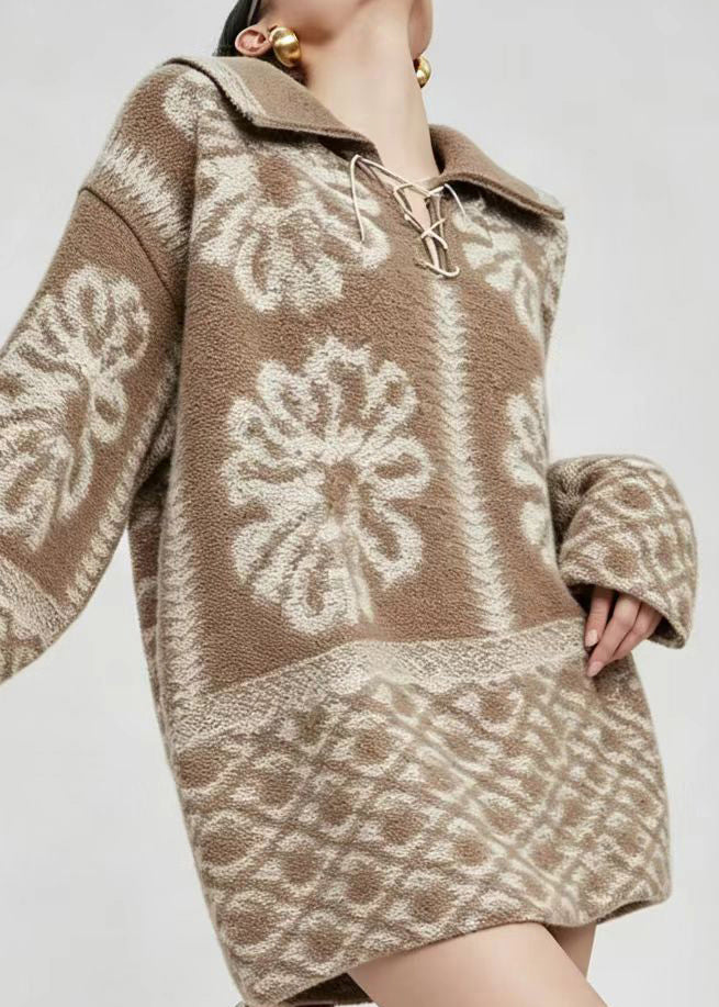 Loose Brown Turn-Down Collar Lace Up Jacquard Sweater Tops Winter