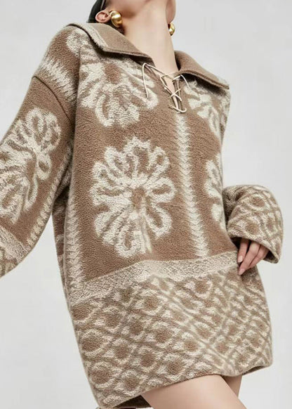 Loose Brown Turn-Down Collar Lace Up Jacquard Sweater Tops Winter