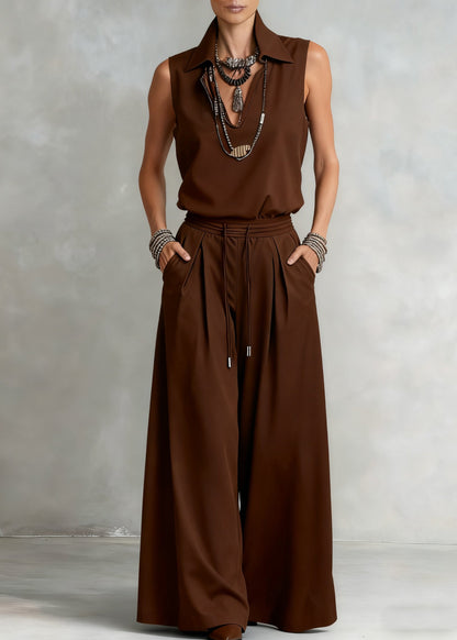Loose Brown V Neck Elastic Waist Tops And Wide Leg Pants Cotton Two Piece Set Sleeveless