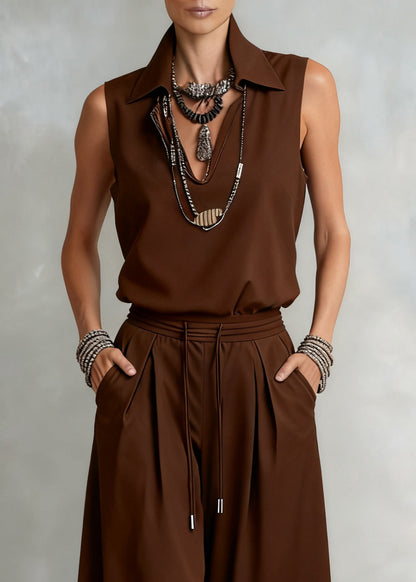 Loose Brown V Neck Elastic Waist Tops And Wide Leg Pants Cotton Two Piece Set Sleeveless