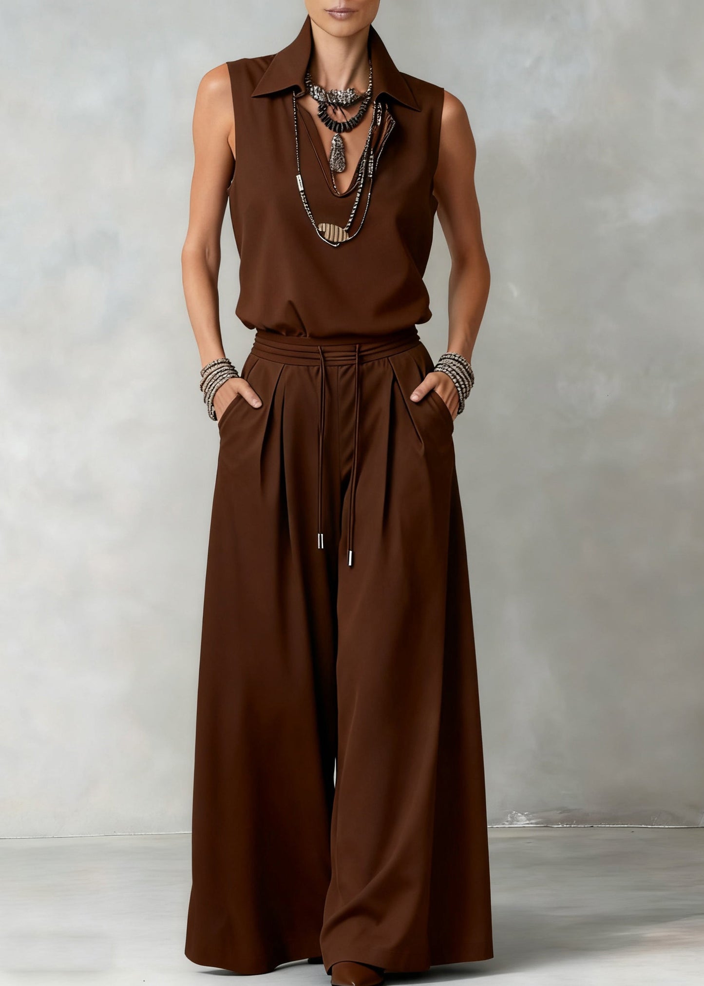 Loose Brown V Neck Elastic Waist Tops And Wide Leg Pants Cotton Two Piece Set Sleeveless