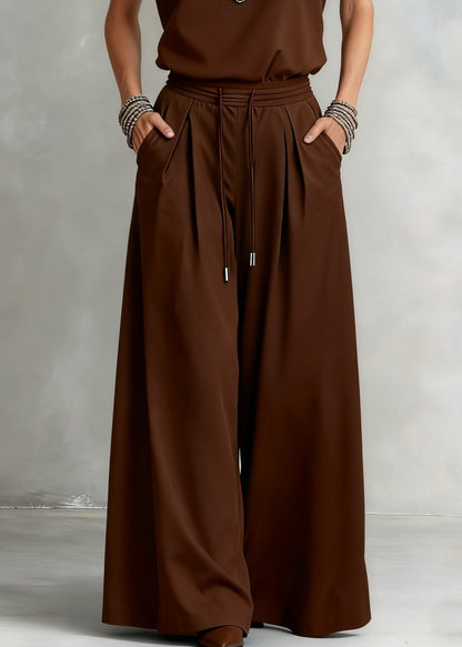 Loose Brown V Neck Elastic Waist Tops And Wide Leg Pants Cotton Two Piece Set Sleeveless