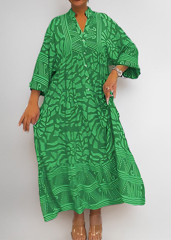 Loose Brown V Neck Print Cotton Long Dresses Spring