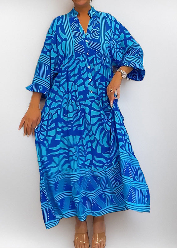 Loose Brown V Neck Print Cotton Long Dresses Spring