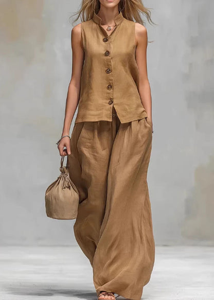 Loose Brown V Neck Top And Pants Cotton 2 Piece Outfit Sleeveless