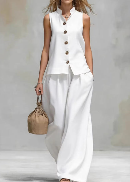 Loose Brown V Neck Top And Pants Cotton 2 Piece Outfit Sleeveless