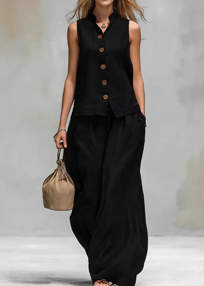 Loose Brown V Neck Top And Pants Cotton 2 Piece Outfit Sleeveless
