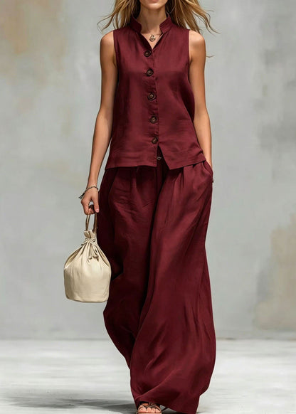Loose Brown V Neck Top And Pants Cotton 2 Piece Outfit Sleeveless
