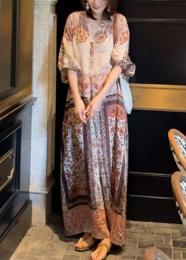 Loose Button Print Pockets Cotton Long Dress Half Sleeve