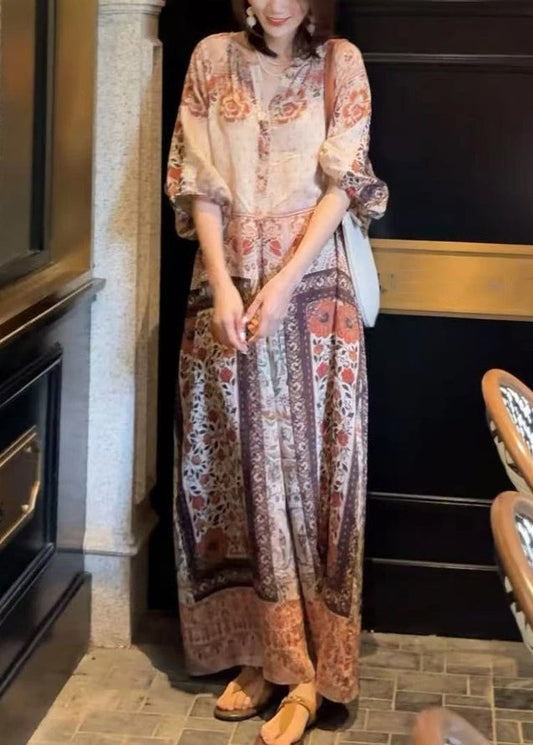 Loose Button Print Pockets Cotton Long Dress Half Sleeve