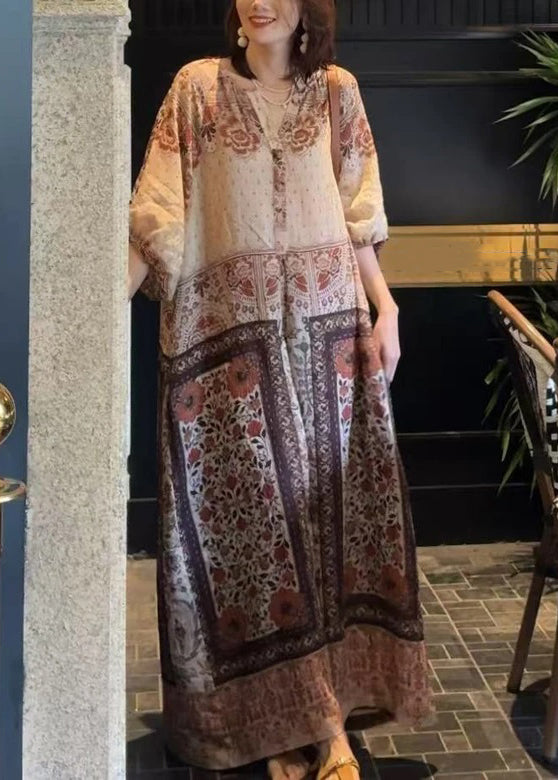 Loose Button Print Pockets Cotton Long Dress Half Sleeve