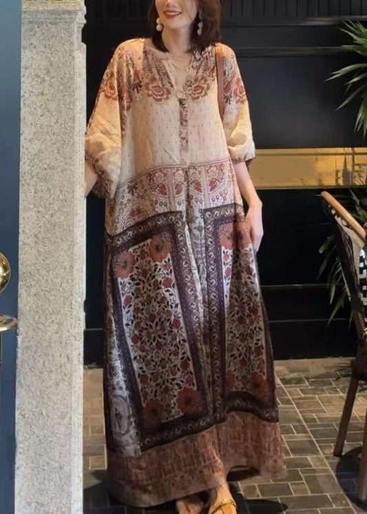 Loose Button Print Pockets Cotton Long Dress Half Sleeve