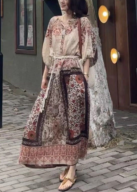 Loose Button Print Pockets Cotton Long Dress Half Sleeve