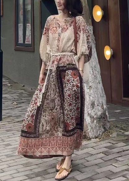 Loose Button Print Pockets Cotton Long Dress Half Sleeve