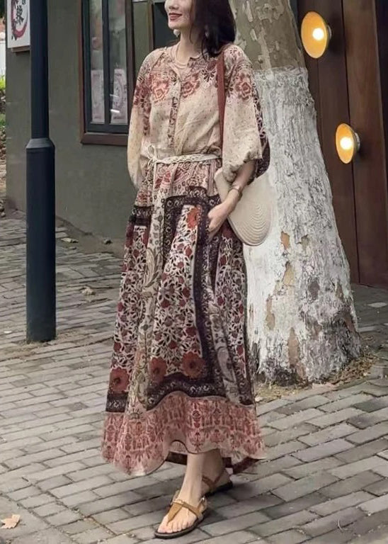 Loose Button Print Pockets Cotton Long Dress Half Sleeve
