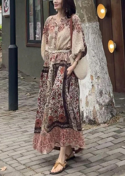 Loose Button Print Pockets Cotton Long Dress Half Sleeve