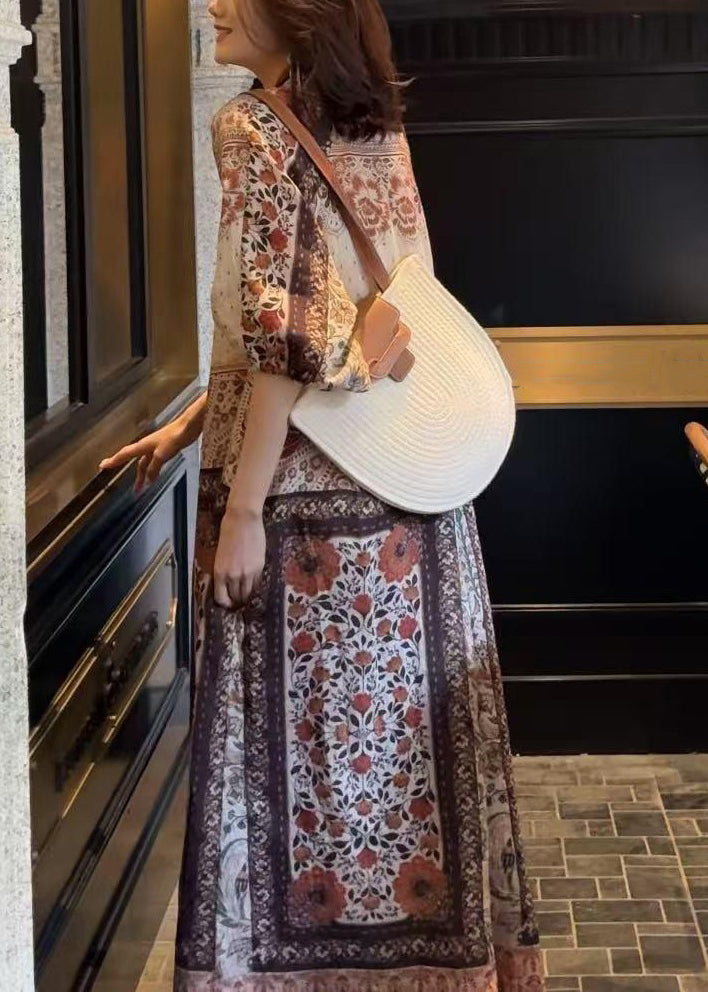 Loose Button Print Pockets Cotton Long Dress Half Sleeve