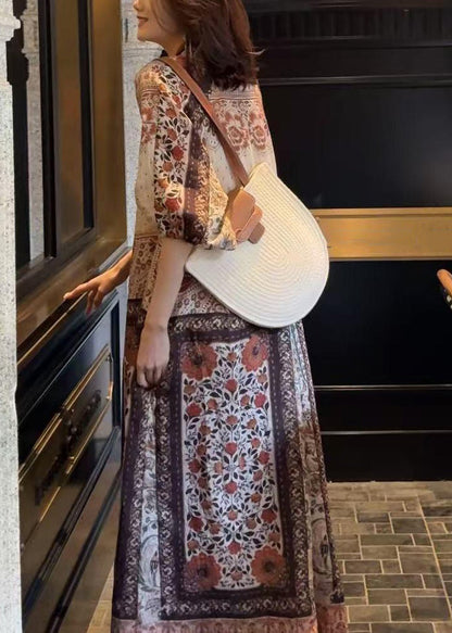 Loose Button Print Pockets Cotton Long Dress Half Sleeve