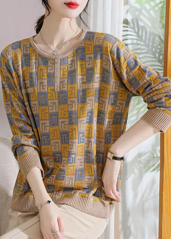 Loose Camel Geometric Cozy Knit Sweater Fall