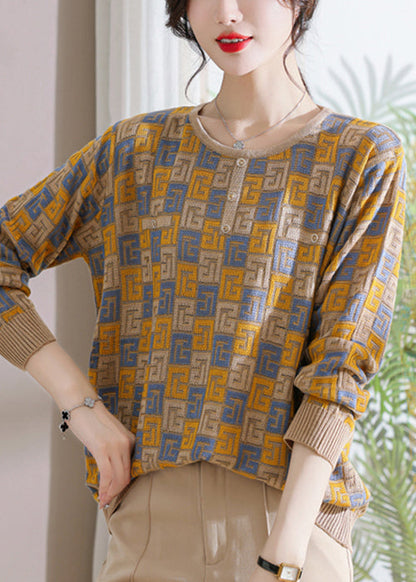 Loose Camel Geometric Cozy Knit Sweater Fall