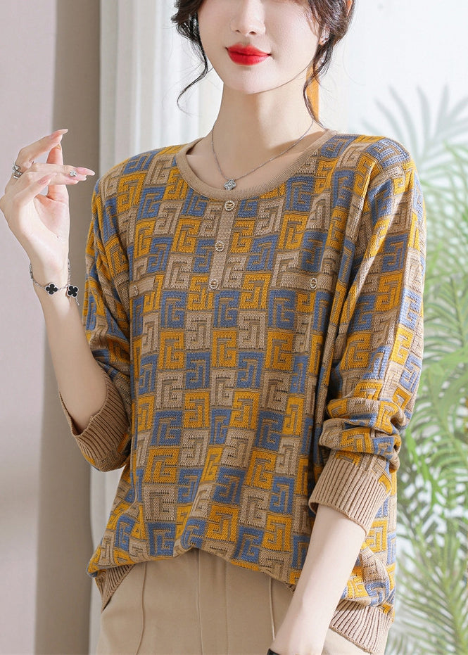 Loose Camel Geometric Cozy Knit Sweater Fall