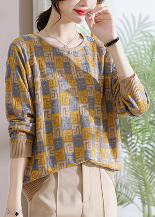 Loose Camel Geometric Cozy Knit Sweater Fall