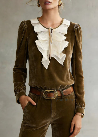 Loose Camel Ruffled Lace Up Patchwork Silk Velour Top Fall