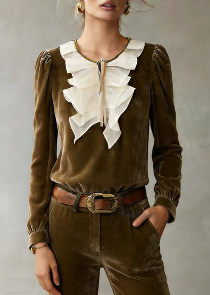 Loose Camel Ruffled Lace Up Patchwork Silk Velour Top Fall