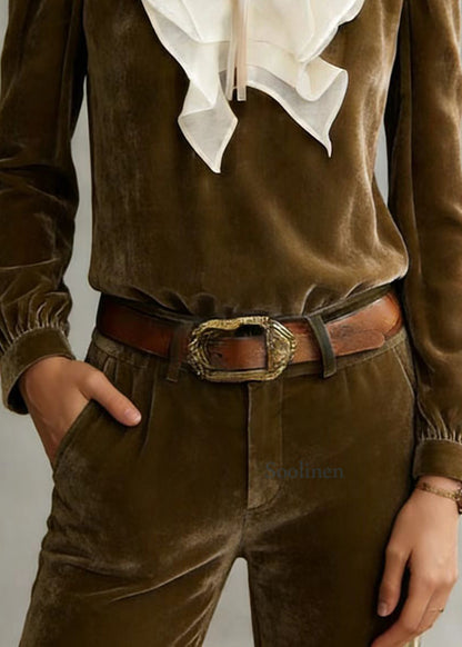 Loose Camel Ruffled Lace Up Patchwork Silk Velour Top Fall