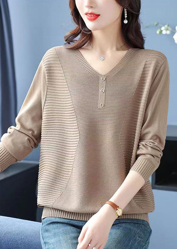 Loose Camel V Neck Wrinkled Cozy Wool Sweater Tops Spring