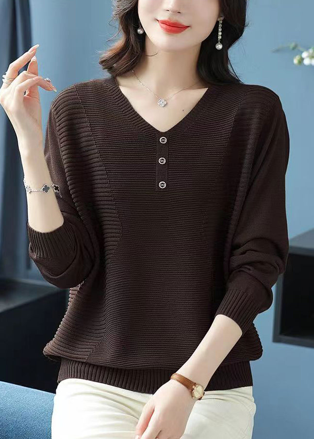 Loose Camel V Neck Wrinkled Cozy Wool Sweater Tops Spring